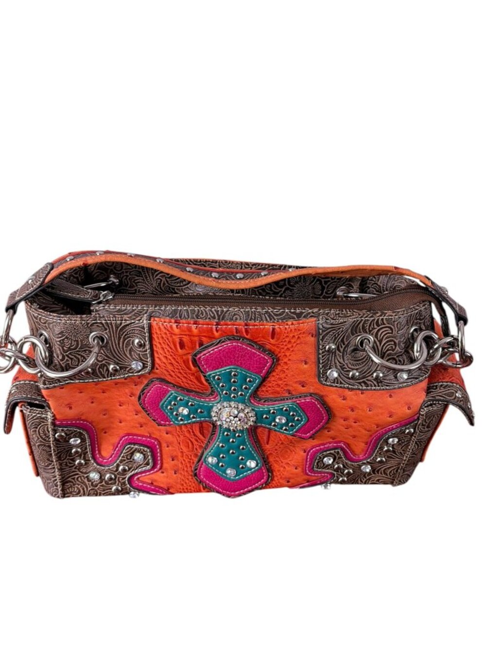 Vintage Blazin Roxx Cowgirl Purse Orange Pink Turquoise Rhinestone Cross - Picture 8 of 16